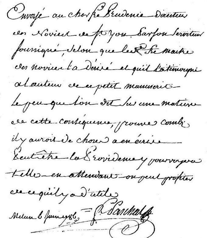 Envoyé au cher Fre Prudence, Directeur des novices de Saint-Yon par son serviteur soussigné...